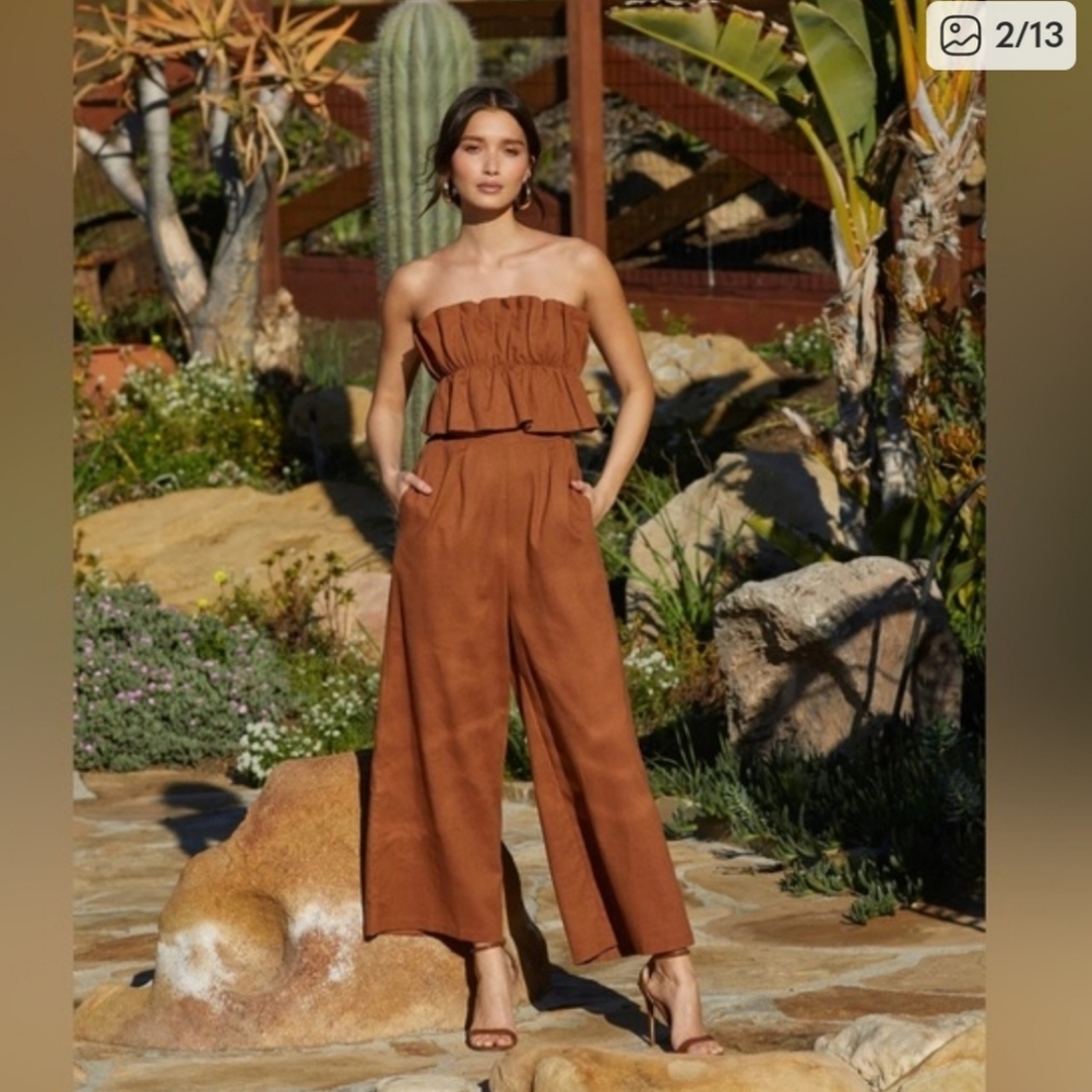 ASTR the label ruffle top jumpsuit linen cotton rust brown size S - Picture 2 of 14